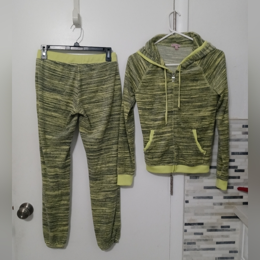 Juicy Couture 2 Pc Sunny Lime/Black Striped Crushed Velvet Track Suit Full zip